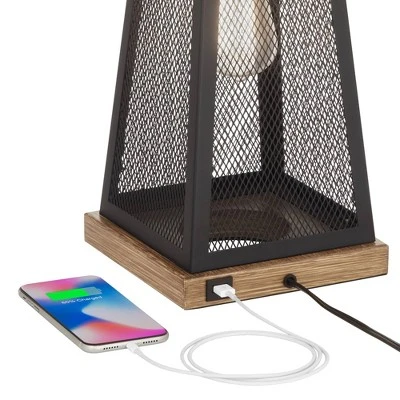 Franklin Iron Works Barris Industrial Table Lamp 26 3/4" High Metal Mesh With Nightlight LED USB Charging Port Burlap Shade For Living Room House Desk - Image 3