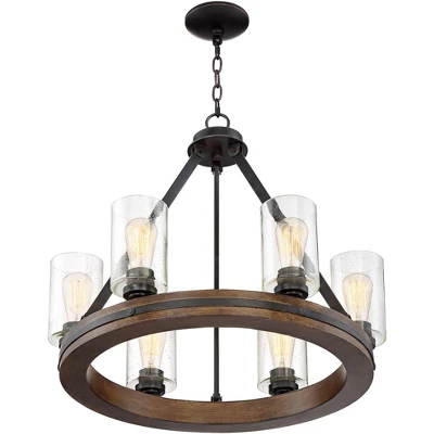 Franklin Iron Works Metal Wood Wagon Wheel Chandelier 25" Wide Rustic Farmhouse Clear Seeded Glass 6-Light Fixture For Dining Room - Image 3