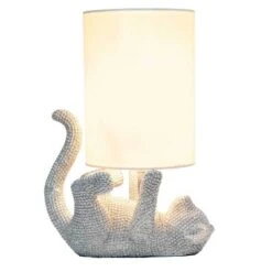 12.6" Diamond Studded Rhinestone Look Kitty Cat Feline Kids' Desk Nightstand Table Lamp With Faux Silk Fabric Shade Silver - Lalia Home