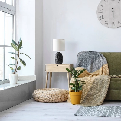 20.4" Traditional Ceramic Purled Texture Bedside Table Desk Lamp With White Fabric Drum Shade Black - Simple Designs - Image 7