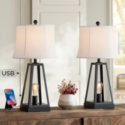 Franklin Iron Works Kacey Modern Table Lamps 25 1/4" High Set Of 2 Dark Metal With USB Charging Port Nightlight LED White Softback Shade For Home Desk