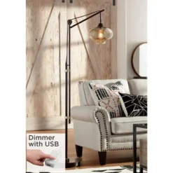 Franklin Iron Works Industrial Floor Lamp With USB Charging Port LED 66" Tall Bronze Brass Tinted Glass Shade For Living Room Home
