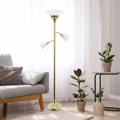 Torchiere Floor Lamp With 2 Reading Lights And Scalloped Glass Shades Gold - Lalia Home - Image 2