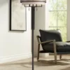 Franklin Iron Works Alamo Industrial Rustic Floor Lamp 62" Tall Bronze Metal Sheer Organza Outer Linen Fabric Inner Double Drum Shade For Living Room