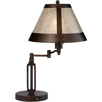 Franklin Iron Works Samuel Industrial Desk Lamps 21 1/4" High Set Of 2 Bronze Swing Arm With USB Charging Port Natural Mica Shade For Living Room Home - Image 5
