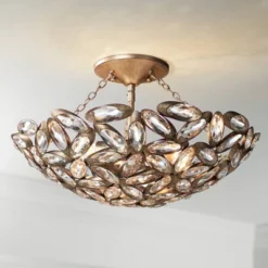 Franklin Iron Works Viera Rustic Ceiling Light Semi Flush Mount Fixture 20" Wide Bronze 3-Light Clear Cut Crystal Mosaic Bowl For Bedroom Living Room