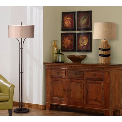 Franklin Iron Works Tristan Modern Floor Lamp 64" Tall Deep Bronze Metal Sheer Outer Linen Inner Double Drum Shade For Living Room Bedroom Office Home - Image 8