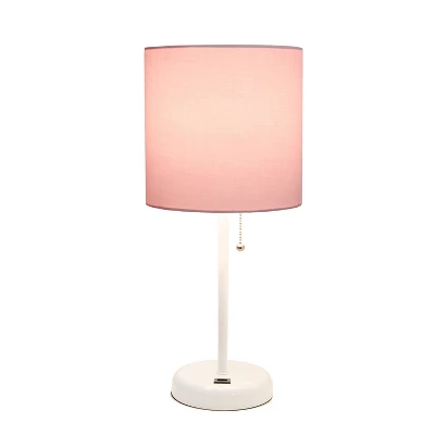 19.5" Bedside USB Port Feature Metal Table Desk Lamp White With Light Pink Fabric Shade - Creekwood Home