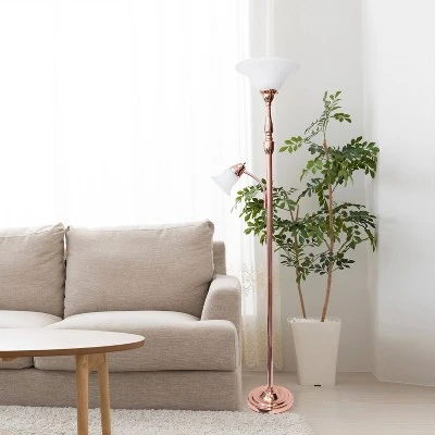 Torchiere Floor Lamp With Reading Light And Marble Glass Shade Rose Gold - Lalia Home - Image 3
