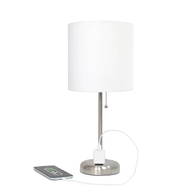 19.5" Bedside Power Outlet Base Metal Table Desk Lamp Brushed Steel With Fabric Shade White - Creekwood Home - Image 2