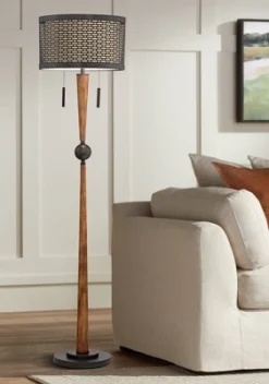 Franklin Iron Works Modern Mid Century Farmhouse Rustic Floor Lamp 64" Tall Bronze Cherry Wood Metal Cream Double Drum Shade For Living Room Reading