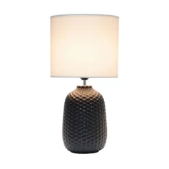 20.4" Traditional Ceramic Purled Texture Bedside Table Desk Lamp With White Fabric Drum Shade Black - Simple Designs