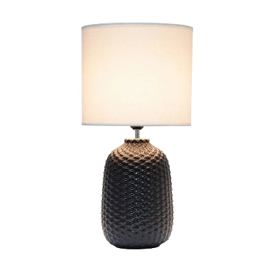 20.4" Traditional Ceramic Purled Texture Bedside Table Desk Lamp With White Fabric Drum Shade Black - Simple Designs