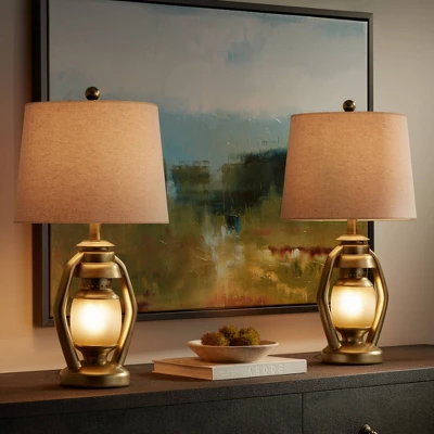 Franklin Iron Works Traditional Table Lamps With Night Light 25 1/4" High Set Of 2 Miner Lantern Gold Oatmeal Shade For Living Room Bedroom Home - Image 5