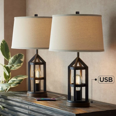 Franklin Iron Works Lucas Western Table Lamps 26" High Set Of 2 Bronze With USB Charging Port And Nightlight LED Drum Shade For Bedroom Bedside Desk
