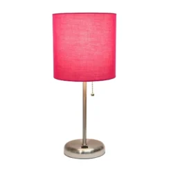 19.5" Bedside USB Port Feature Metal Table Desk Lamp Brushed Steel With Pink Fabric Shade - Creekwood Home