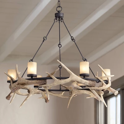 Franklin Iron Works Antler Lodge Black Chandelier 36 3/4" Wide Farmhouse Rustic Antler Deer Horn 6-Light LED Fixture For Dining Room Kitchen Island
