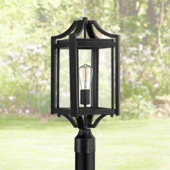 Franklin Iron Works Rockford Rustic Farmhouse Outdoor Post Light Black 20 1/4" Clear Glass For Exterior Barn Deck House Porch Yard Patio Home Outside