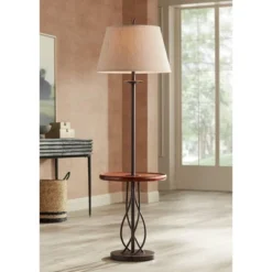 Franklin Iron Works Rustic Floor Lamp With Table 63.5" Tall Wood Twisted Iron Base Linen Empire Shade For Living Room Reading Bedroom