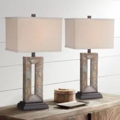 Franklin Iron Works Rustic Table Lamps 26" High Set Of 2 Natural Stale Open Rectangular Box Shade For Living Room Bedroom Home (Colors May Vary)