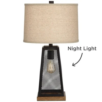 Franklin Iron Works Barris Industrial Table Lamp 26 3/4" High Metal Mesh With Nightlight LED USB Charging Port Burlap Shade For Living Room House Desk - Image 6