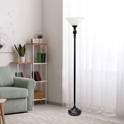 1-Light Classic Torchiere Floor Lamp With Marbleized Glass Shade Restoration Bronze - Lalia Home - Image 3