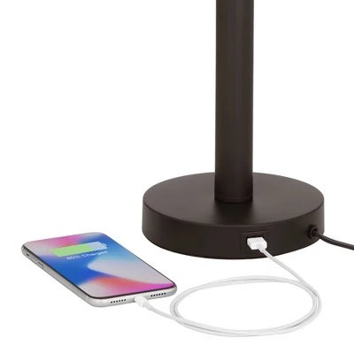 Franklin Iron Works Bernie Industrial Table Lamps 25" High Set Of 2 Rich Bronze With USB Charging Port Tan Drum Shade For Bedroom Living Room Bedside - Image 3