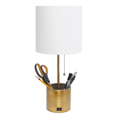 Hammered Metal Organizer Table Lamp With USB Charging Port And Fabric Shade - Simple Designs - Image 4