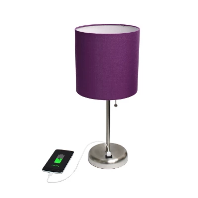 19.5" Bedside USB Port Feature Metal Table Desk Lamp Brushed Steel With Purple Fabric Shade - Creekwood Home