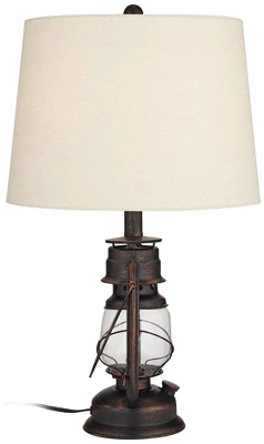 Franklin Iron Works Murphy Rustic Industrial Accent Table Lamp Miner Lantern 23" High Red Bronze Oatmeal Fabric Shade For Bedroom Living Room Office - Image 8