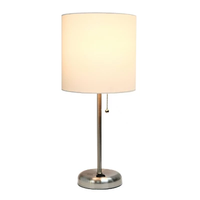 19.5" Bedside Power Outlet Base Metal Table Desk Lamp Brushed Steel With Fabric Shade White - Creekwood Home
