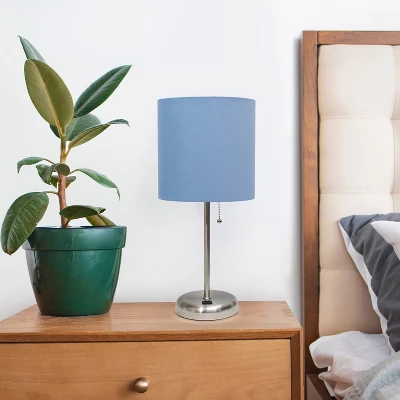 19.5" Bedside USB Port Feature Metal Table Desk Lamp Brushed Steel With Blue Fabric Shade - Creekwood Home - Image 7