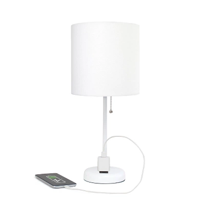 19.5" Bedside Power Outlet Base Metal Table Desk Lamp In White Fabric Shade - Creekwood Home - Image 2