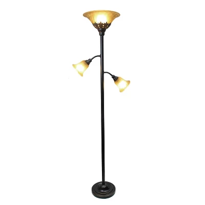 Torchiere Floor Lamp With 2 Reading Lights And Scalloped Glass Shades Restoration Bronze - Lalia Home